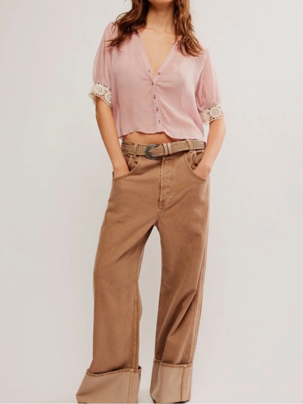 Free People My Love Blouse Pale Mauve Lace Collar Puff Sleeve Top S NWT